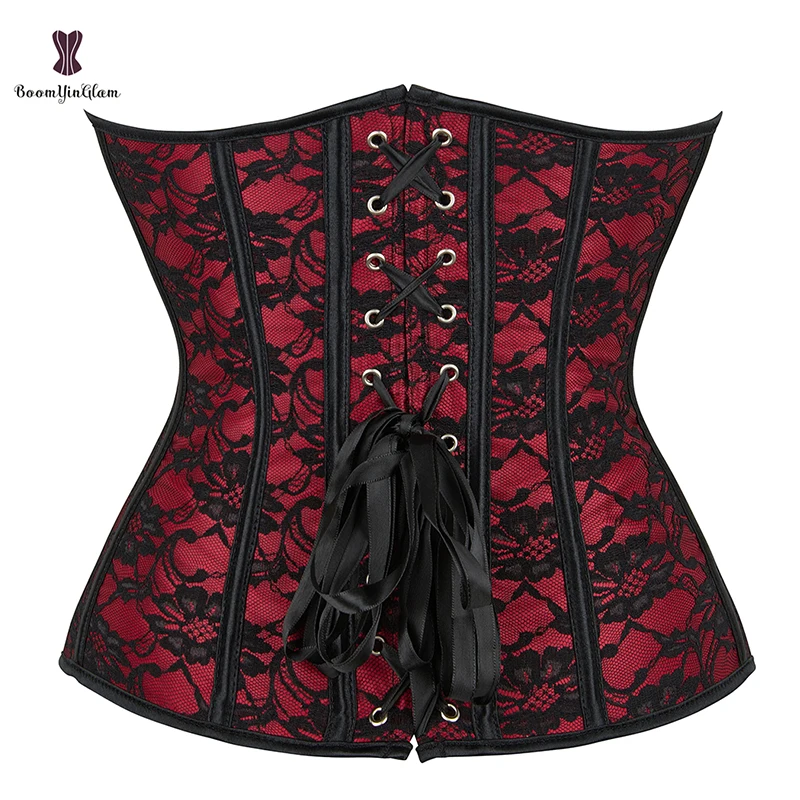 Gothic Victorian 12 Plastic Bones Lace Up Red Overbust Corset Women Plus Size Underwear Corselet With G String