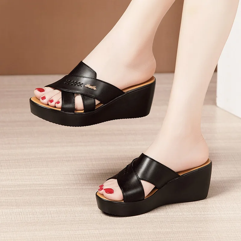 high quality summer leather wedge sandals for women 6cm mid heel 2025 32 33 43 platform open toe elegant fashion shoe white red