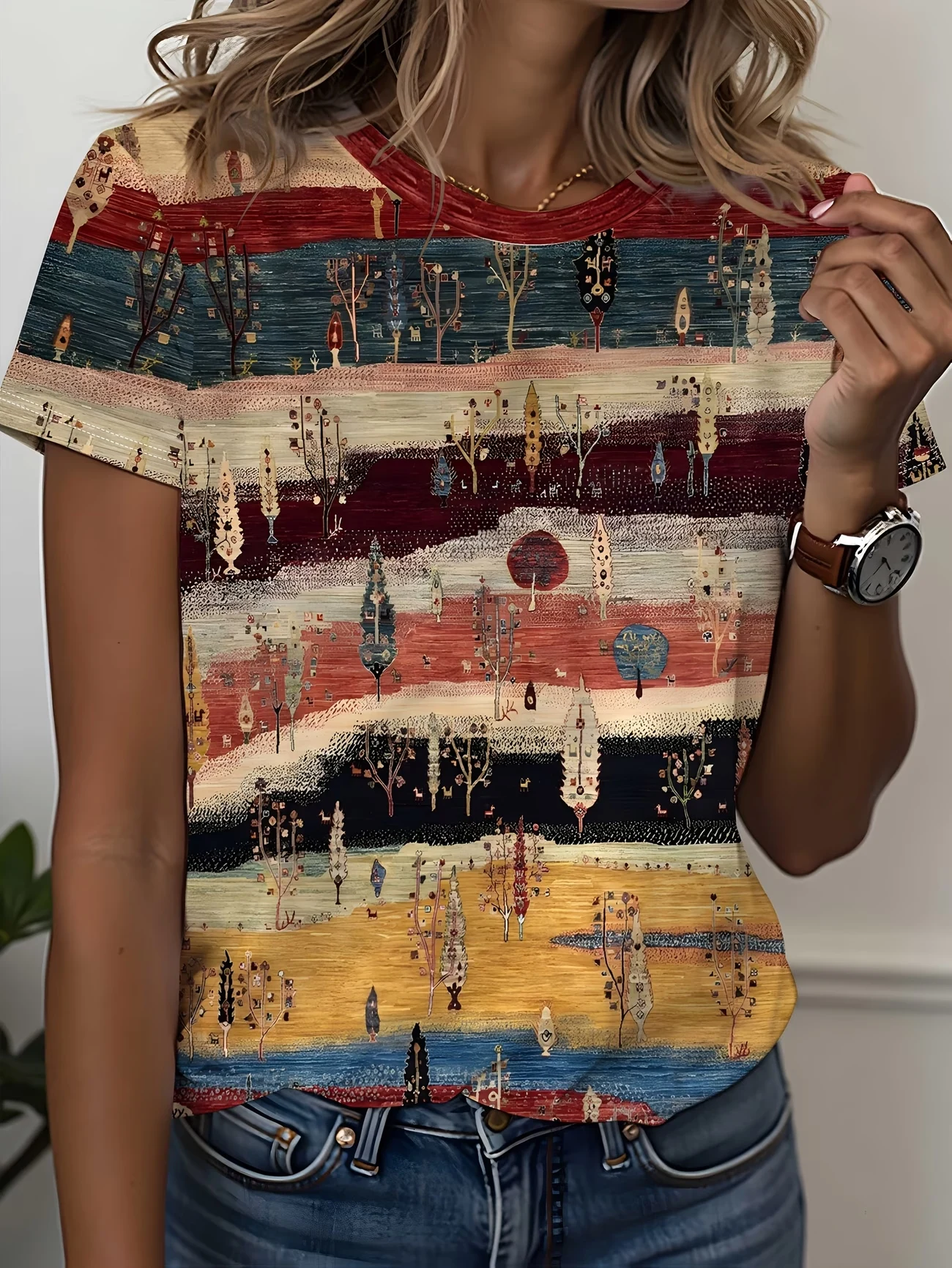 The bohemian layered landscape print with earthy tones and whimsical trees brings a rustic, artistic vibe—ideal for pairing with
