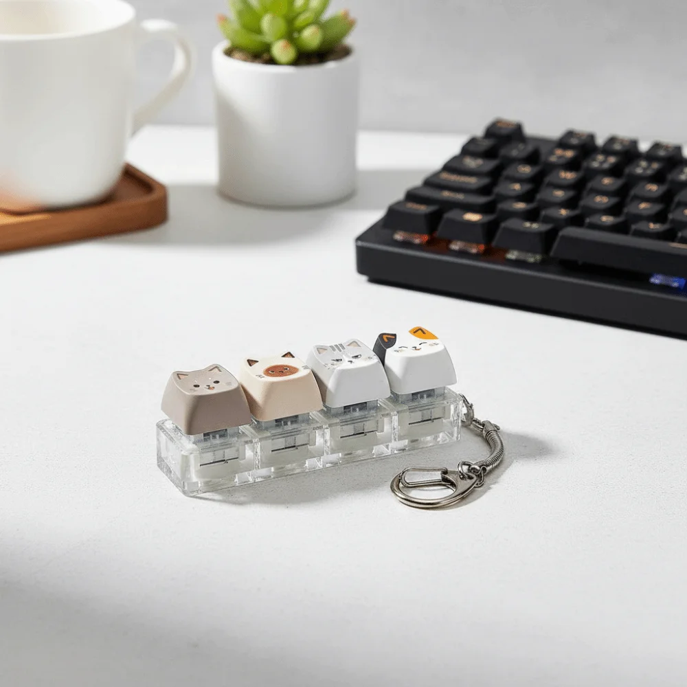 Cute Cat Keyboard Fidget 4 Keys Creative Design Keycap Keyring Finger Button Kawaii Mechanical Keyboard Keychain