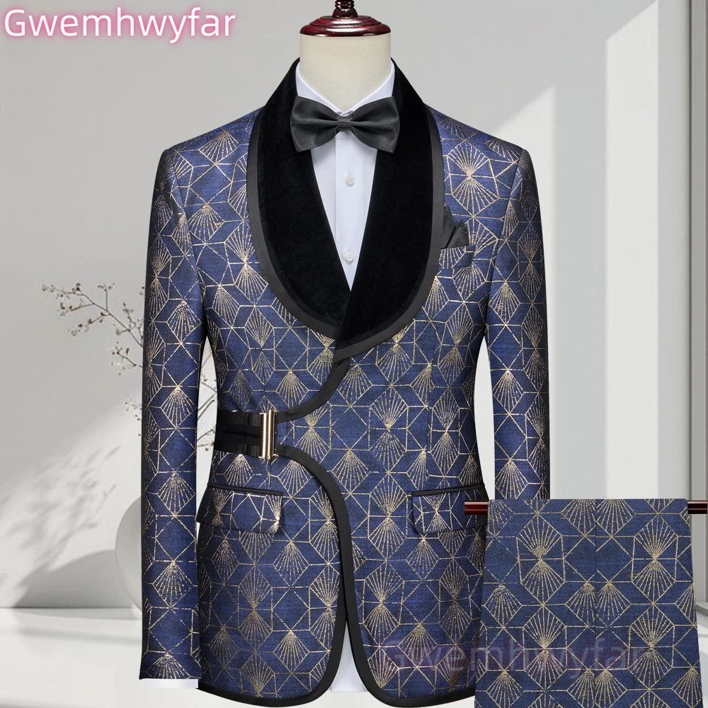 

Gwenhwyfar New Style Slim Fit Floral Men Suit Jacket Pants Smoking Men Suit Blazer For Wedding With Velvet Shawl Lapel Fashion