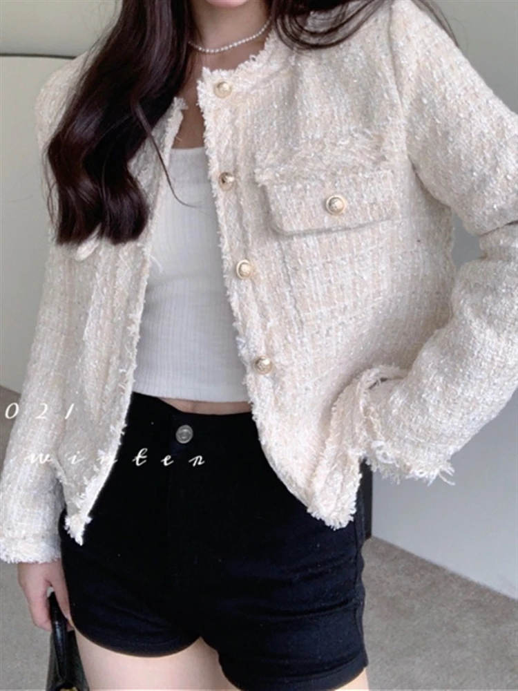 

Coat Women Clothes Cropped Outwear Beading Luxury Jacket Solid Elegant Woolen 2022 Winter Cotton Outwear Blend Fall Tweed Korean