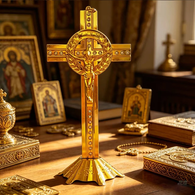 

New Luxury Gold Tone Standing Crucifix Cross with Rhinestones & INRI for Home Altar Prayer Christian Religious Table Decor Gift