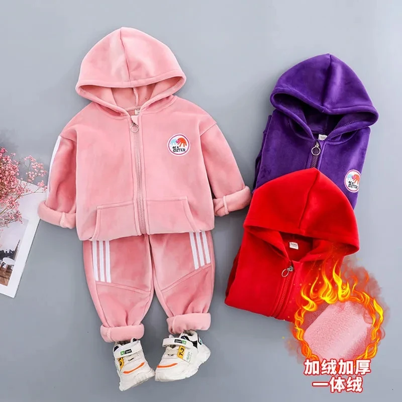 Winter Thick Velvet Girls 2 Piece Sets Hooded Warm Zipper Coats + Plush Lined Joggers Pants Fashion Children Tracksuit Ensemble