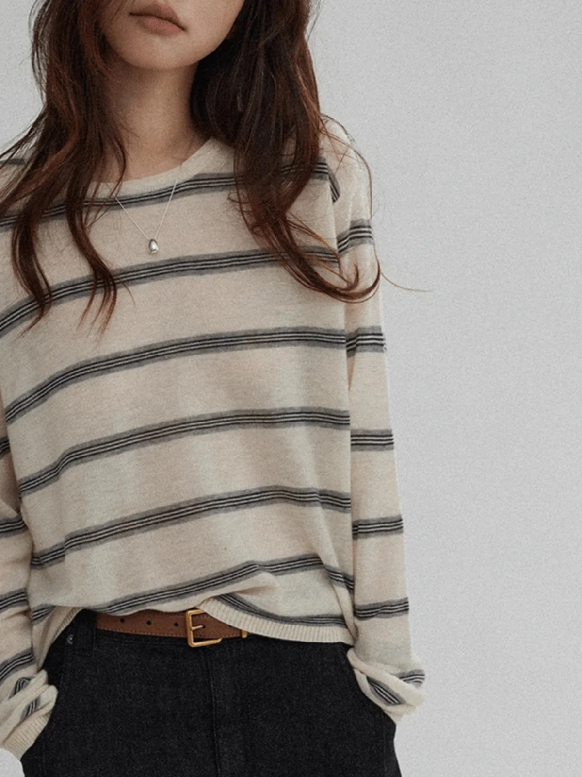 

Утягивающий полосатый шерстяной вязаный свитер, женский свободный крой, весенне-осенний тонкий круглый топ, удобная дышащая повседневная одежда