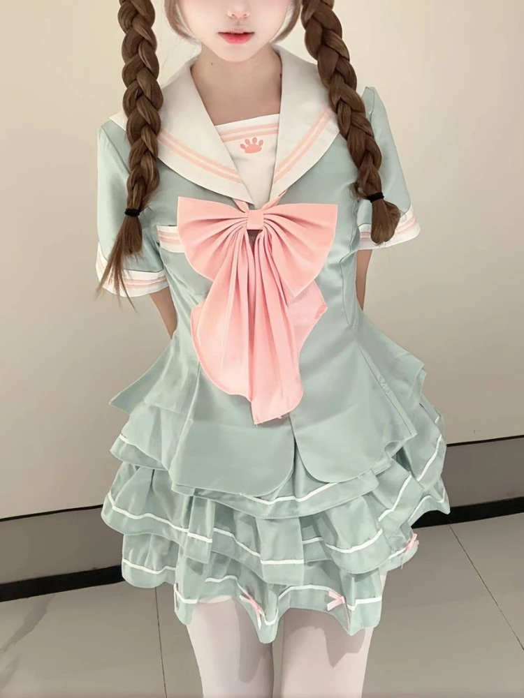 Kawaii Japanese Sailor Collar Pink Bow Mint Green Tiered Pleated JK 2 Piece Uniform Set Women Slim Fit Daily Wear Cosplay Outfit