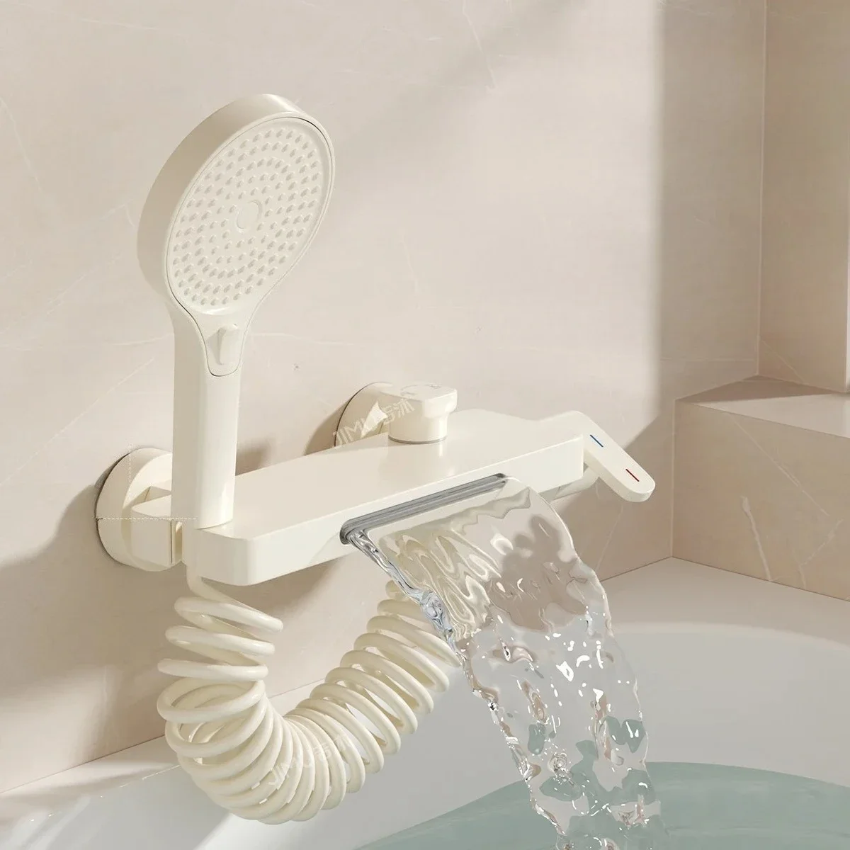 Cream Style Solid Brass Wall Mounted Bathtub Faucet with Waterfall Spout - High Flow Mixing Valve Shower Kit, Easy Install