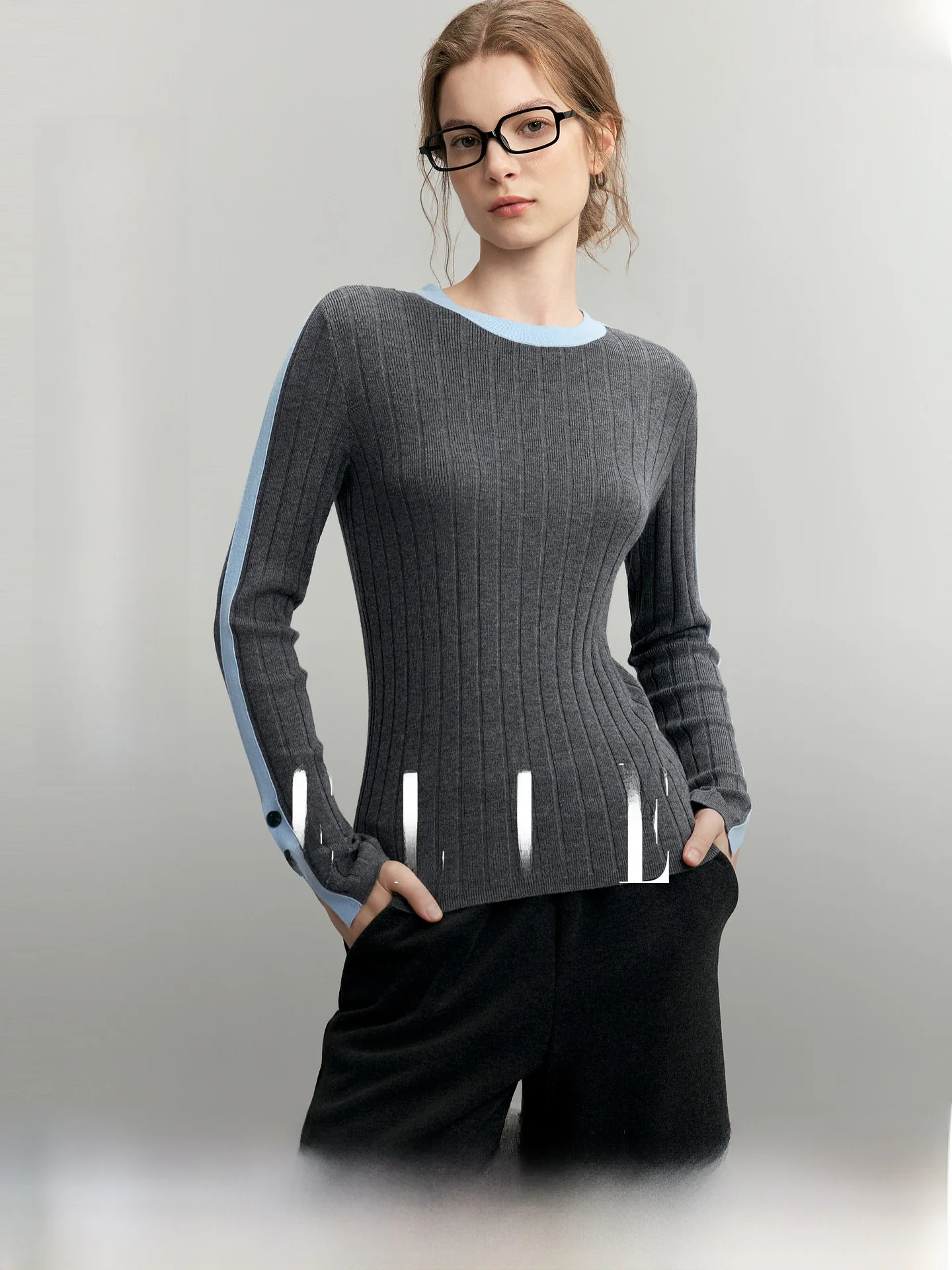 Elle Women's Slim Fit round Neck Knitted Sweater Wool Blend Casual Top Color Block Design Commute Style Long Sleeve 2026 Autu...