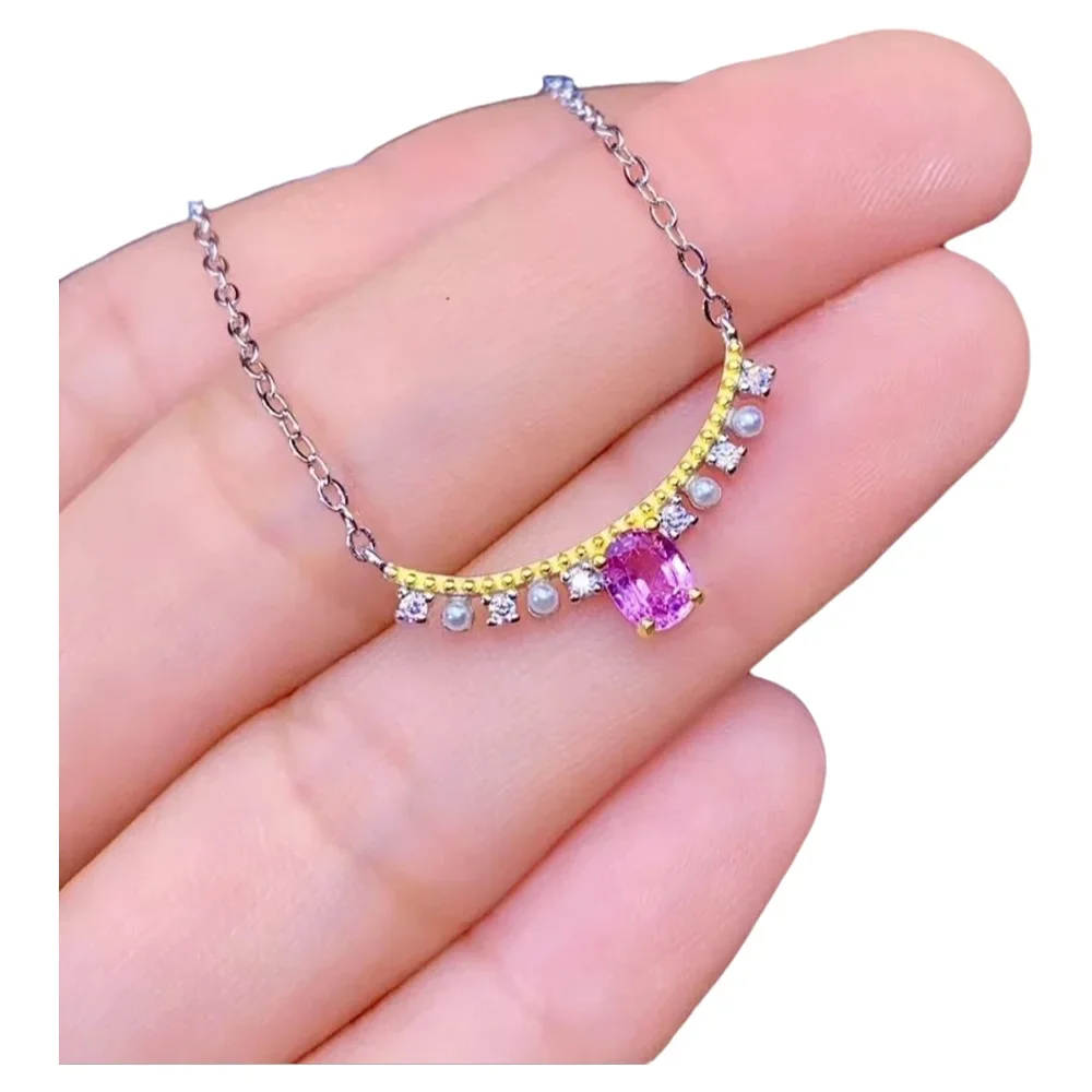 

KJJEAXCMY-925 Silver Inlaid Gemstone Necklace Ladies, Natural Pink Sapphire Pendant, Fine Jewelry for Girls, Birthday Party Gift