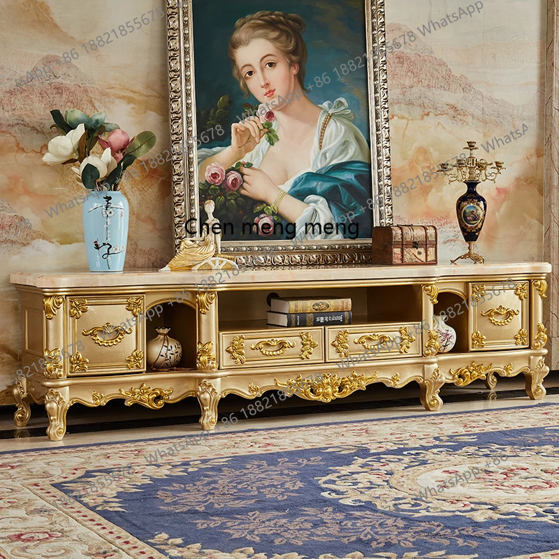 

European luxury all-solid wood TV cabinet coffee table combination large apartment marble floor cabinet living room furniture