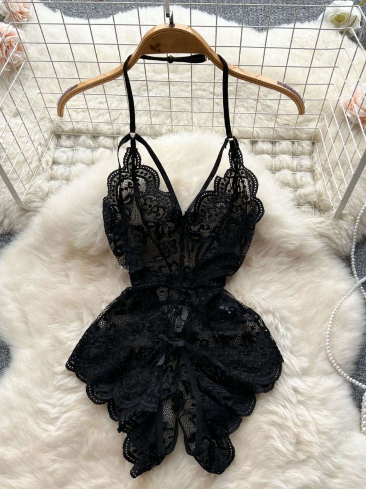 Sexy American Girl Lace Trim Halter  Swimsuit Women's Transparent High Waist Short Leg High Split Ensemble Trendy