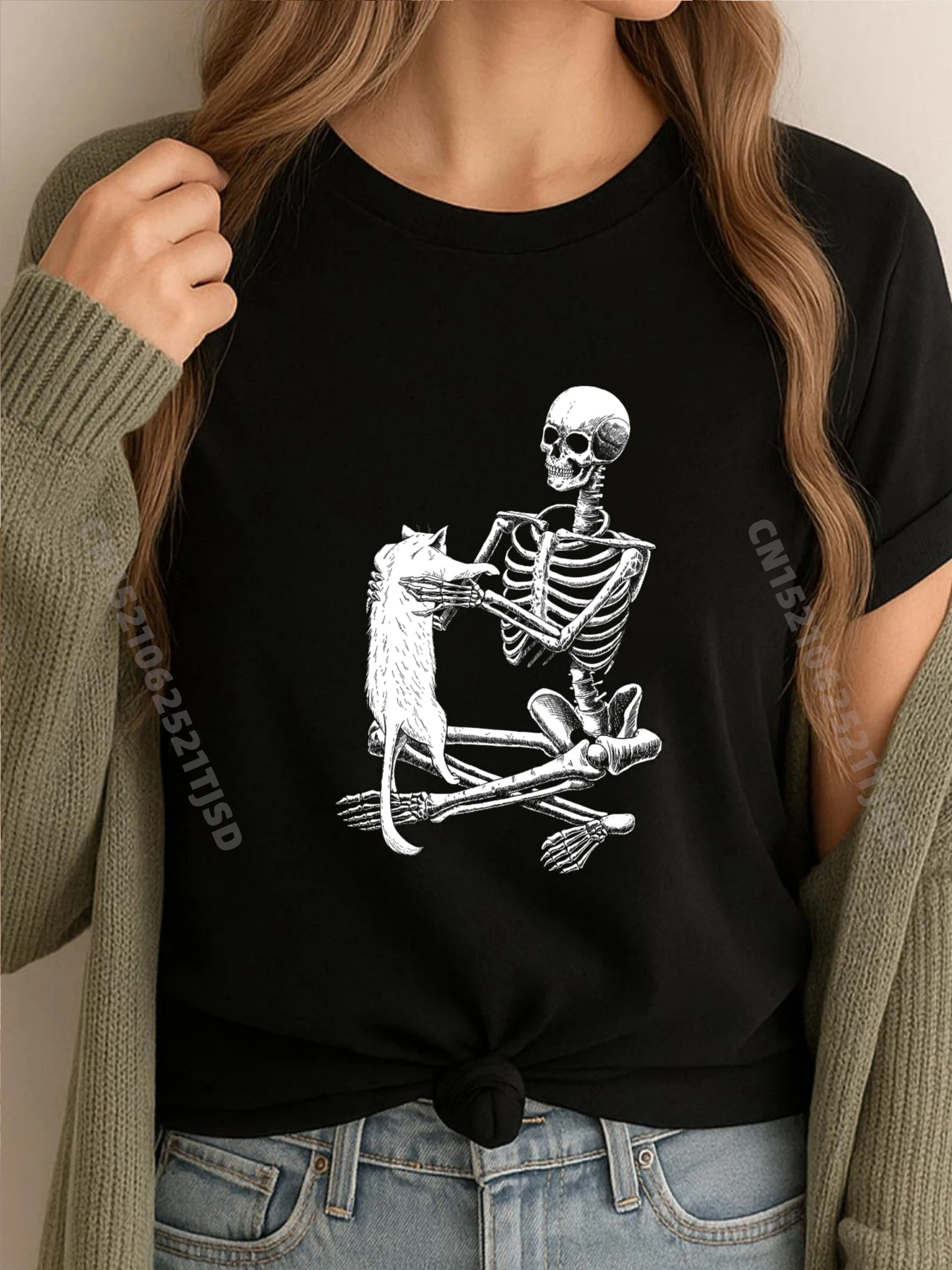 

Скелет держит кошку, забавный кот, владельца мертвого скелета с котом, белая футболка, женская футболка Camisetas