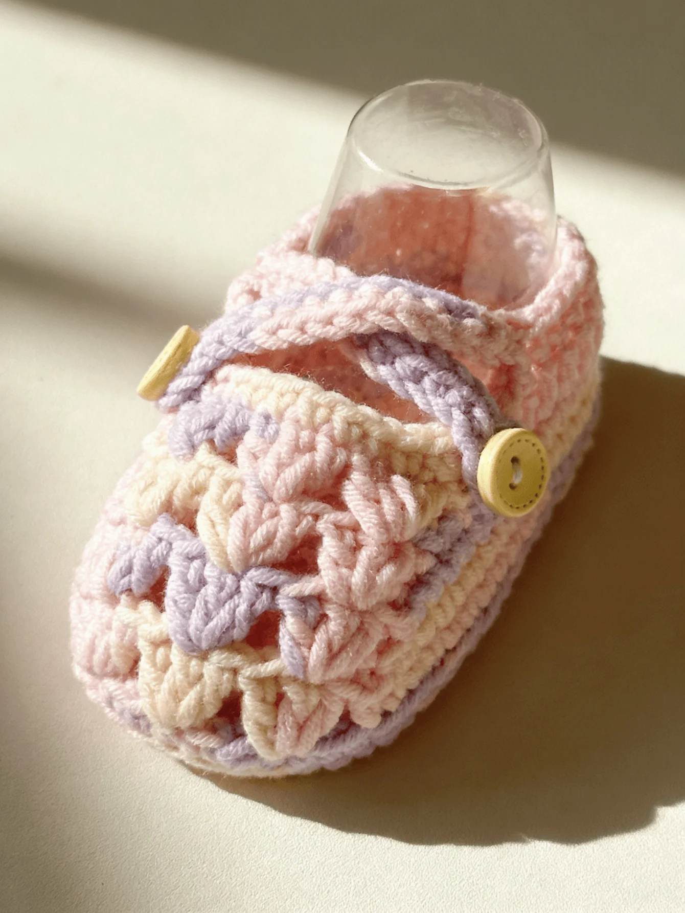 1 Pair Handmade Crochet Baby Booties in Pastel Pink, Lavender and Yellow with Button Accent, Infant Shoes