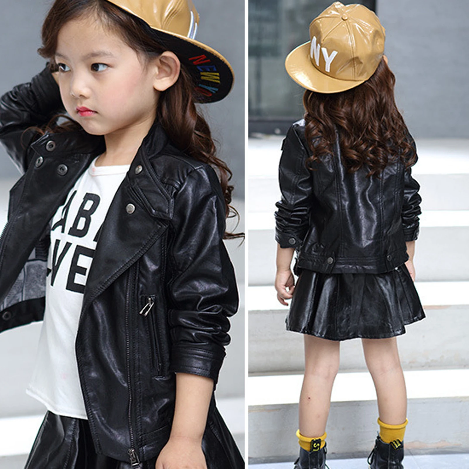 Children's Motorcycle Biker Outwear,Girls' Faux Leather Jacket,Kids Modern PU Leather Coat,Boys PU Zips Coat for Spring Autumn
