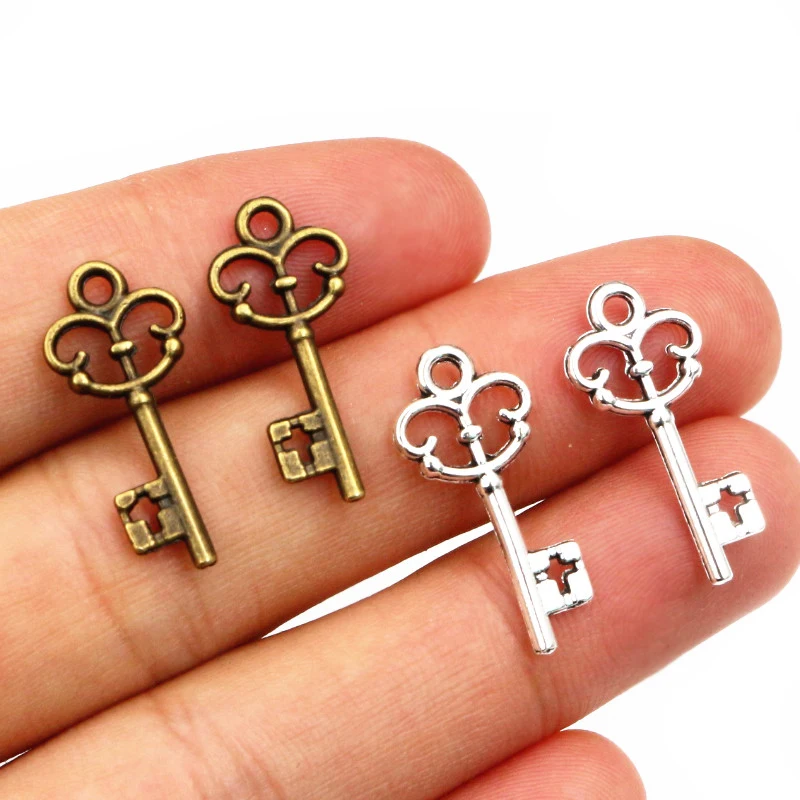 50pcs 22x10mm Vintage Small Key Charms Antique Bronze Silver Plated Handmade Charms Pendant DIY Findings for bracelet necklace