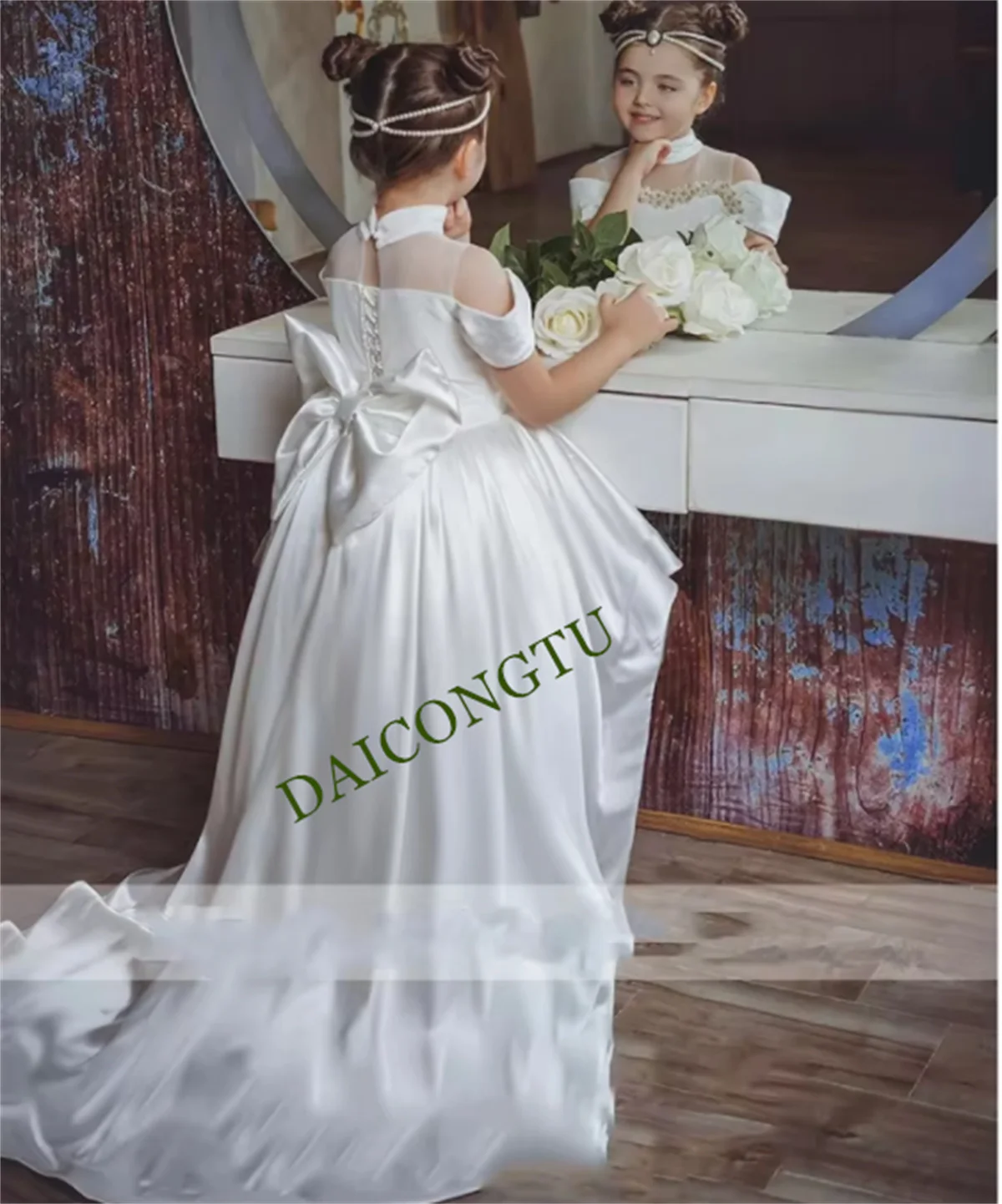 CustomizedPink Princess Flower Girl Dress with Detachable Train | Tiered Tulle & Satin Ball Gown for Weddings & Birthday Banquet