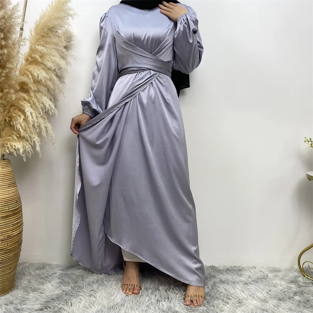 UNI-vestidos árabes musulmanes para mujer, vestido largo De satén De manga larga, bata De noche envolvente De Color sólido, vestido De fiesta para graduación