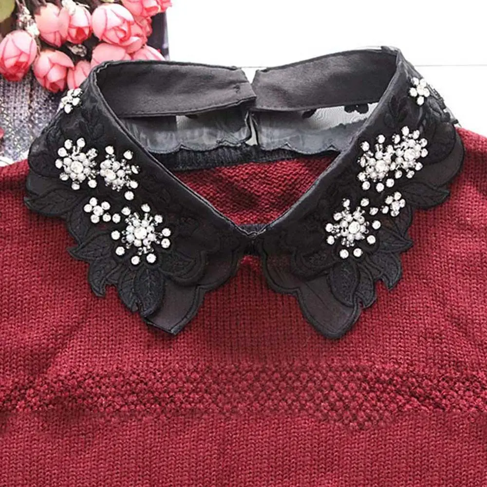 Cuello falso de encaje con perlas de algodón para mujer, Cuello de camisa de flores huecas, moda