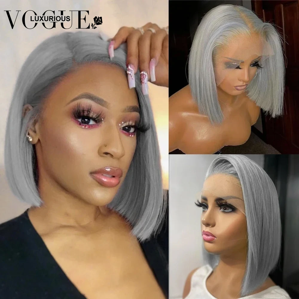 

Silver Grey Colored 13x4 Transparent Lace Front Short Bob Pixie Cut Wigs Straight Human Hair 13x6 Brazilian Remy Frontal Wig