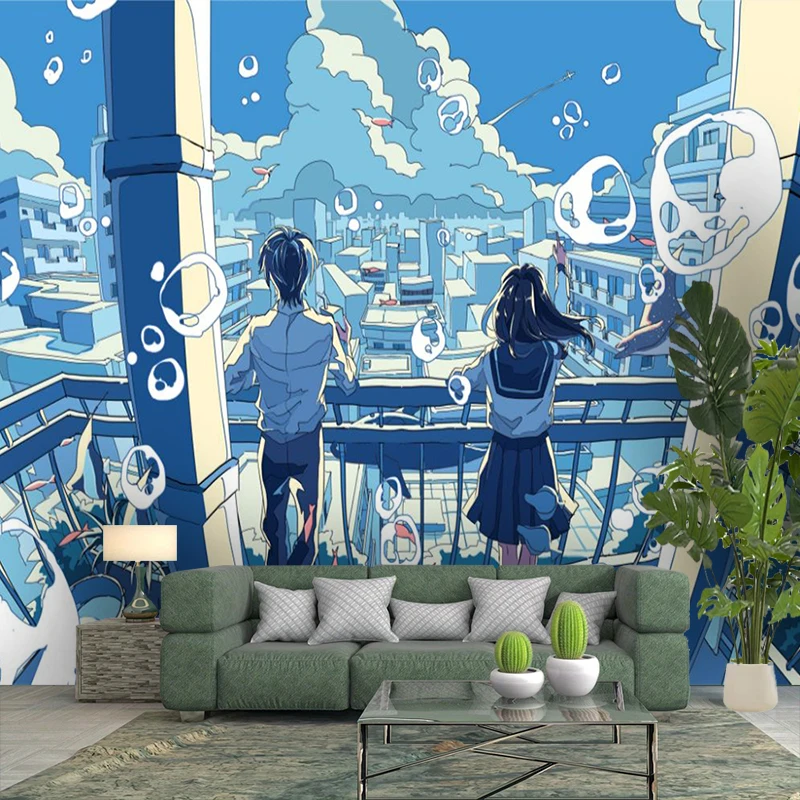 1PC Blue Anime Boy Girl Balcony Print Backdrop Banner, Bedroom Living Room Photo Background, Polyester, Home Decor, Wall Art