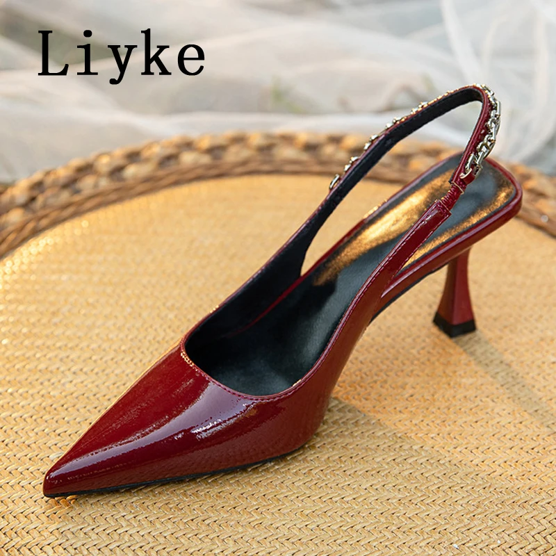 

Liyke, летние пикантные женские туфли-лодочки в уличном стиле с острым носком, дизайнерские женские свадебные туфли на тонком высоком каблуке с ремешком сзади