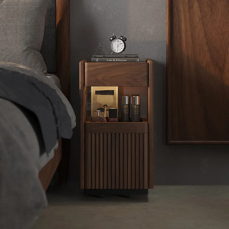 

Solid wood bedside table Small household bedroom Super mini black walnut extremely narrow bedside table