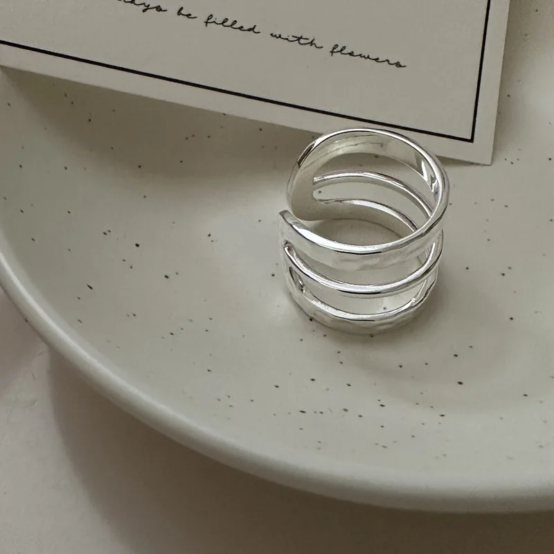 

S925 Sterling Silver Three-Layer Ring with Hammer Pattern and Pleated Texture Design Korean Version Simple Wedding Ring