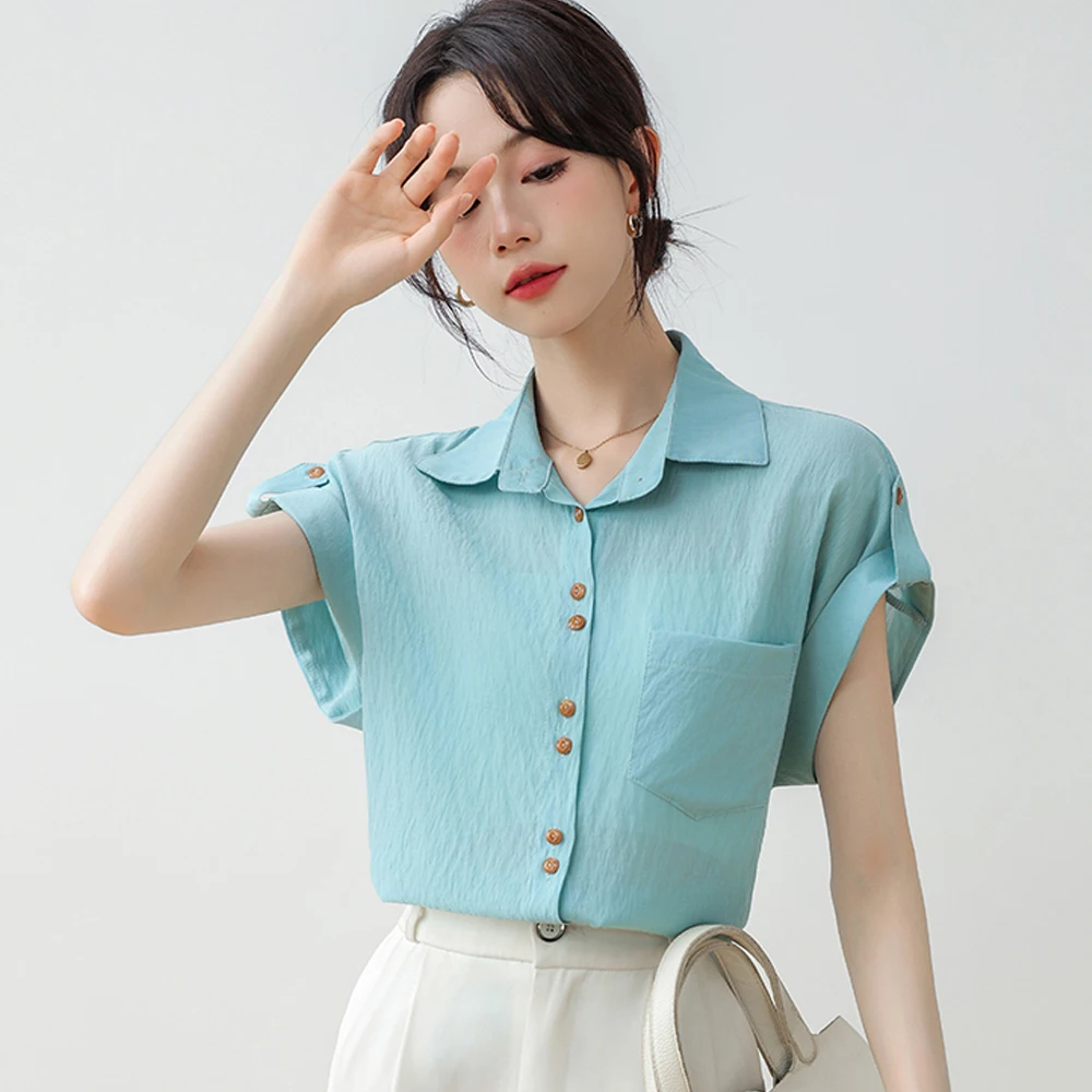 Women Summer Style Cotton Blouses Shirt Vintage Simple Solid Lady Casual Short Sleeve Turn-down Collar  Casual Loose Tops