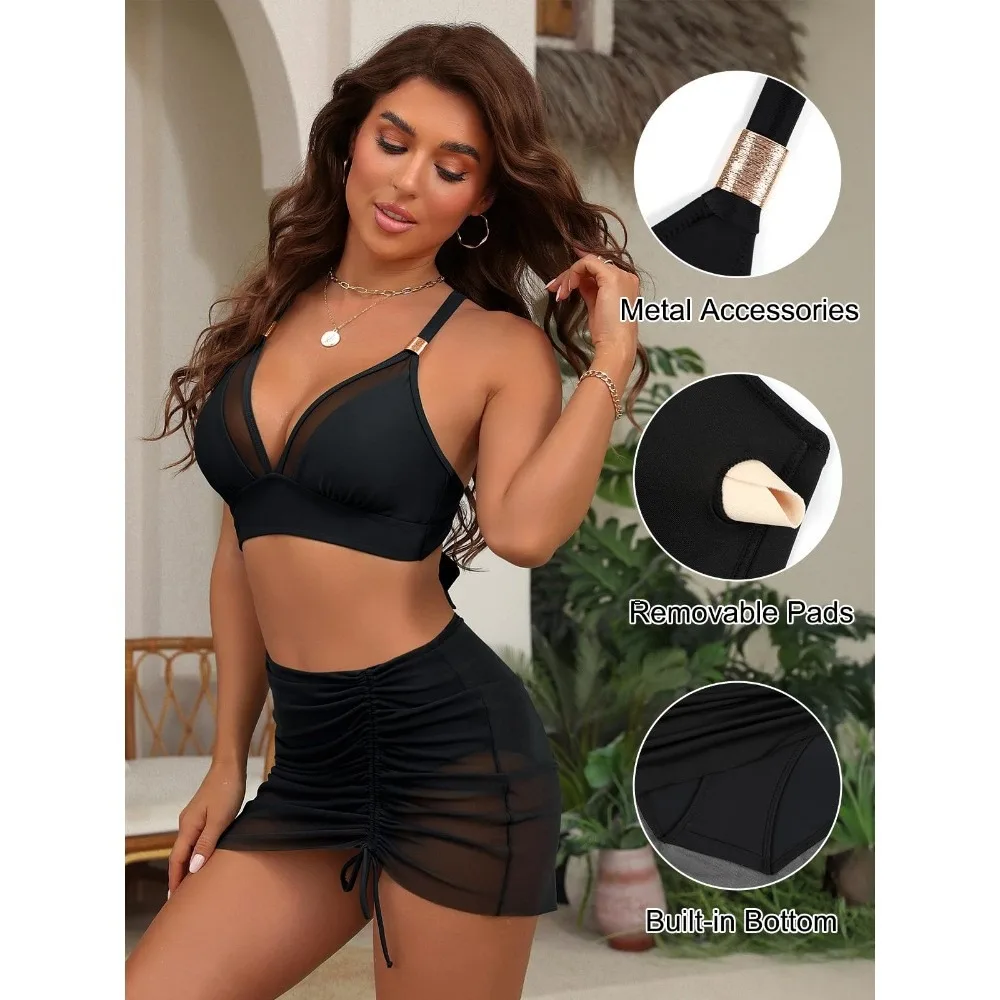 Women's High Waist Bikini Set Tummy Control Swimwear Curve Mesh Swim Dress 2 Piece Bathing Suit Tankini Swimsuits Women Brazilia