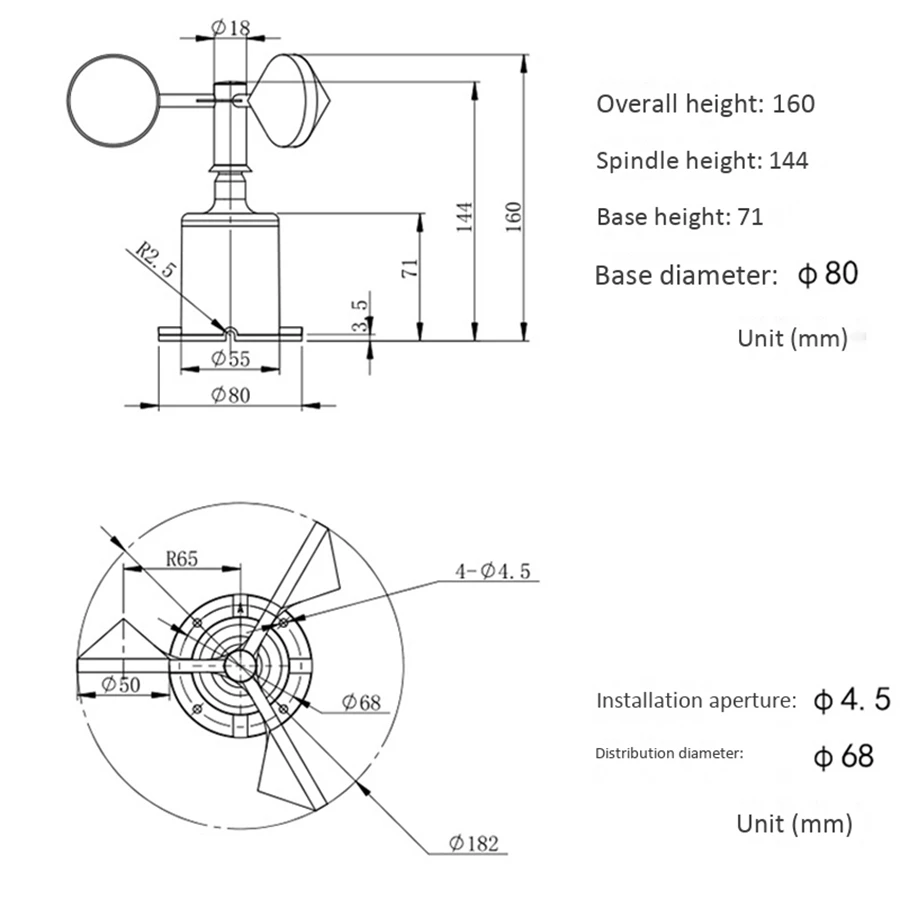 0-70M/S Sensore di Velocità del Vento Segnale Ambientale Uscita Tipo di Impulso Tre Tazze Sensore di Velocità del Vento Anemometro DC5-30V ZJY