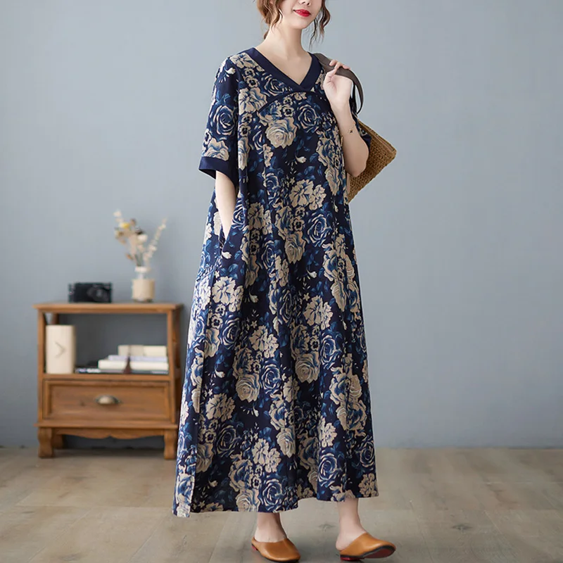 Chinese Vintage Style V-neck Flower Print Cotton Linen Dress for Women Summer New Fashion Short Sleeve Elegant Frocks Female