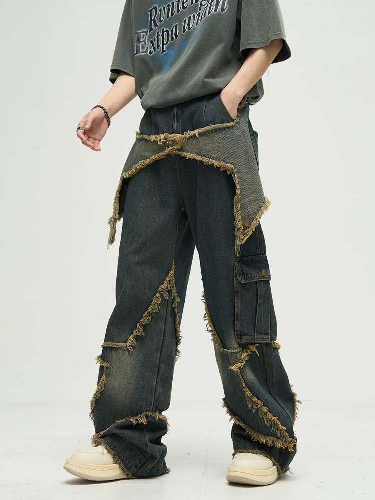 Asymmetrical Patchwork Cargo Jeans Men Raw Edge Full Length European Style Bleached Baggy Spring Autumn High Street Hip Hop 2023