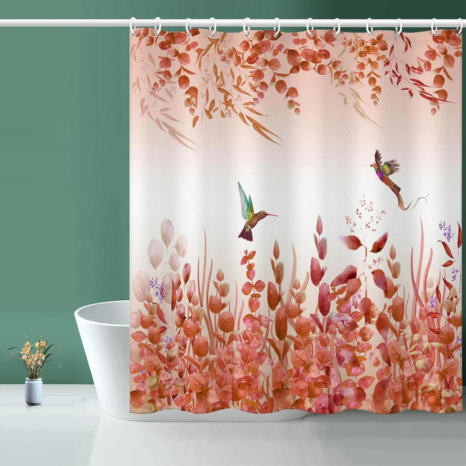

Green Leaf Shower Curtain, Emerald Bird Mint Green 72 “W x 72” L with 12 Hooks, Weighted Hem Bathroom Shower Curtain, Hummingbir