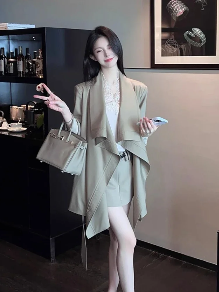 Trench for Women Retro Khaki Lapel Loose Mid-length Temperament Bandage Classic Popular Autumn Outerwear Streetwear Elegant Chic