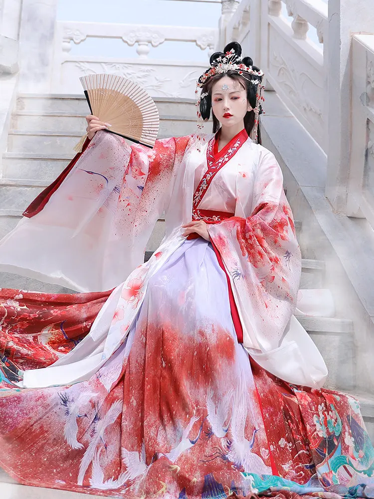 Jin Dynasty Chinese Hanfu Women Wei Jin Chinese Style Cross collar Skirt Fairy Style Ancient Costume 3-Piece Set Printed Pattern