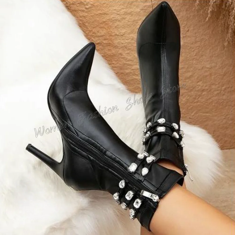 

Black Crystal Side Zipper Boots Stilettos High Heels Pointed Toe High Heel Shoes for Women Heels 2024 New Zapatos Para Mujere