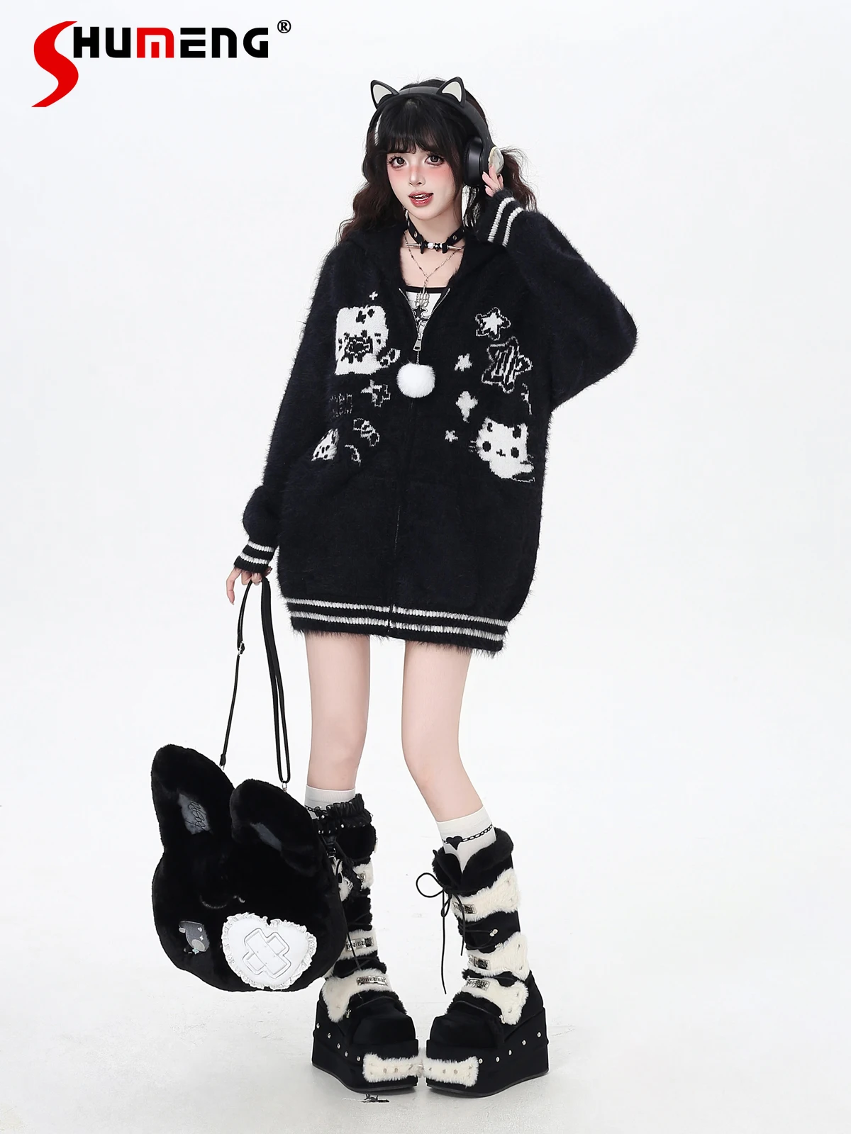 

Fashion Streetwear Sweet Cool Detachable Rabbit Ear Hooded Knitted Jacket Top Loose Casual Zipper Cardigans Sweater Women Autumn