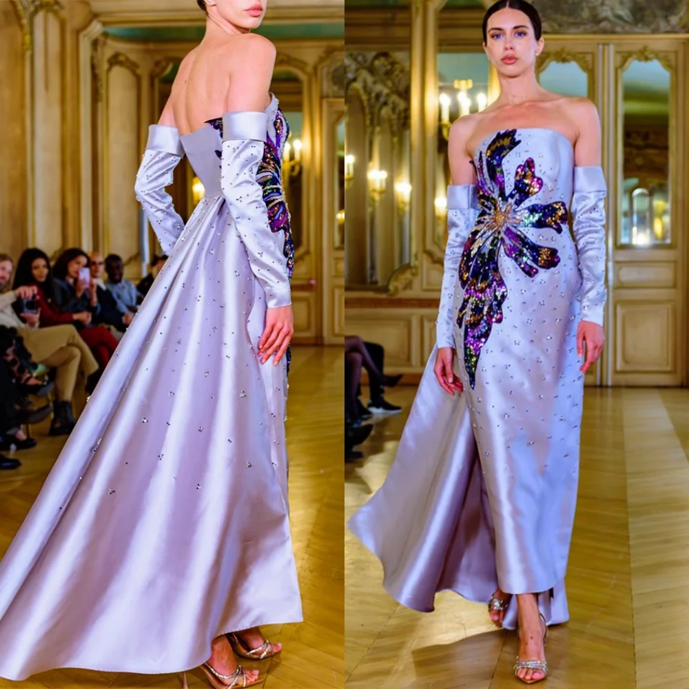 

Customized Formal Satin Evening Dresses Fashion Strapless Detachable Sleeve Homecoming Dresses Luxury Special Occasion Gowns