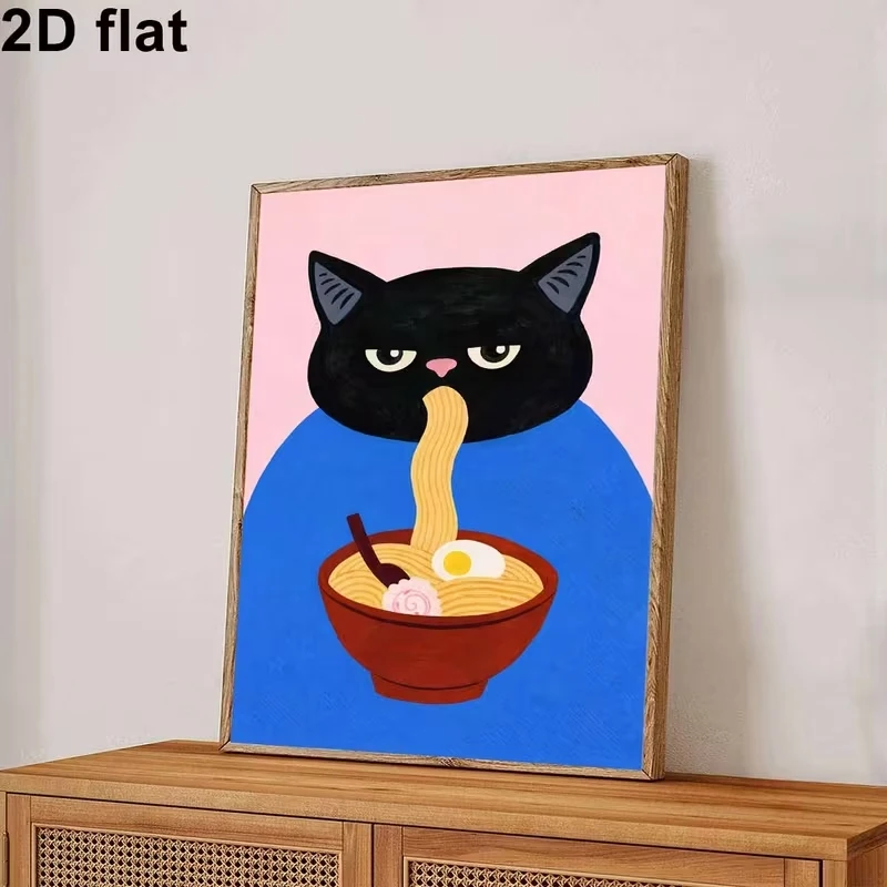 Modern Dorable Black Cat Enjoying Ramen Noodles Wall Art Print Canvas Painting Poster Picture For Living Room,Bedroom Home Decor