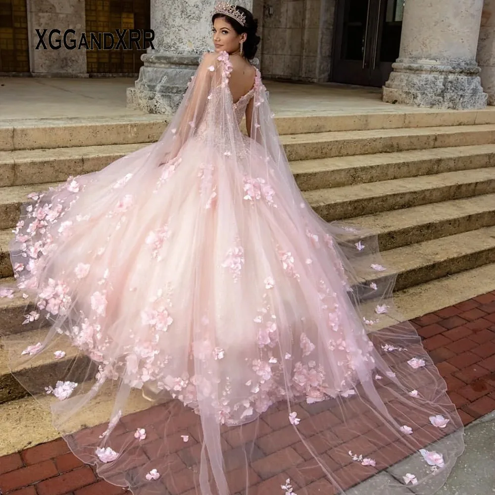 Vestido de quinceañera rosa con cuello de pico, capa de flores con hombros descubiertos, abalorios, largo, fiesta de cumpleaños, 15 y 16 años, 2024