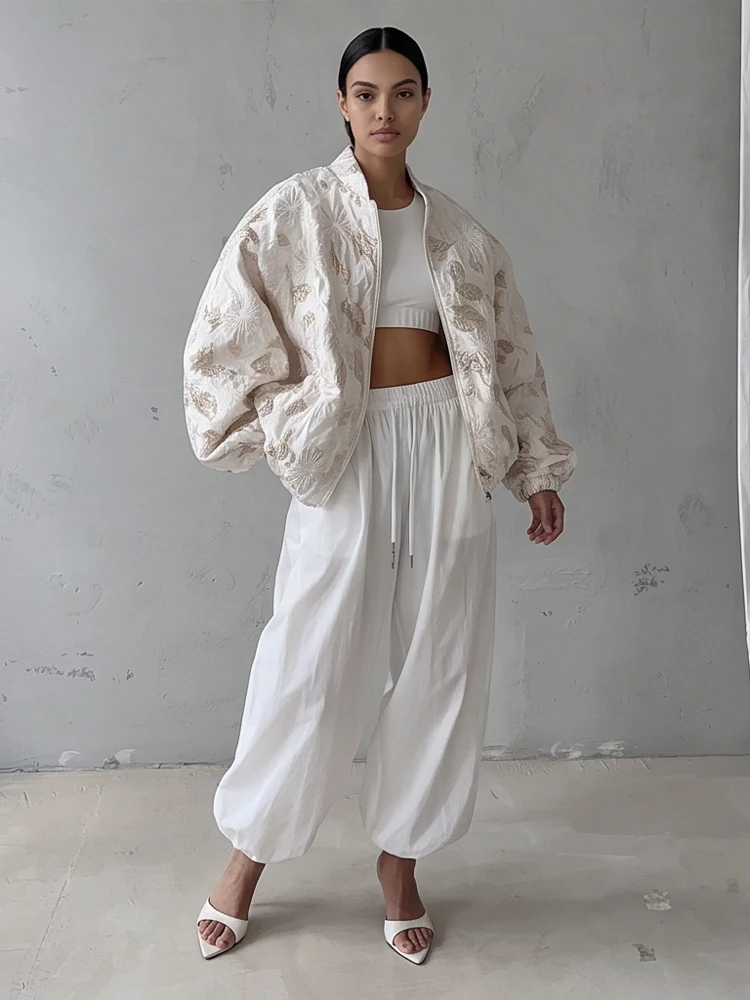 Women Stand Collar Jacquard Er Jacket Chic Long Sleeves Zip-front Loose Fit Short Coat Lady Autumn High Street Outwear New