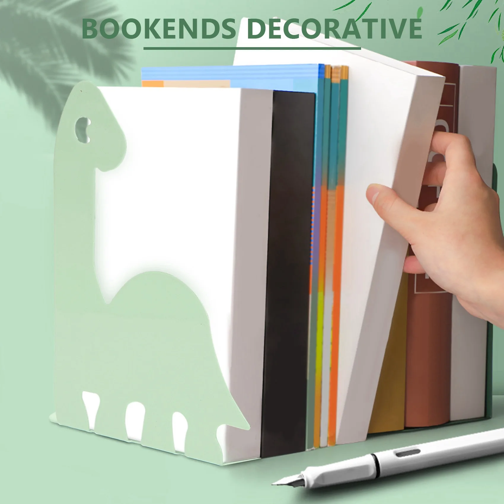 Estantería de dinosaurio de dibujos animados, caja de almacenamiento de libros de Metal antideslizante, soporte para revistas, escuela, oficina, verde claro, 1 par