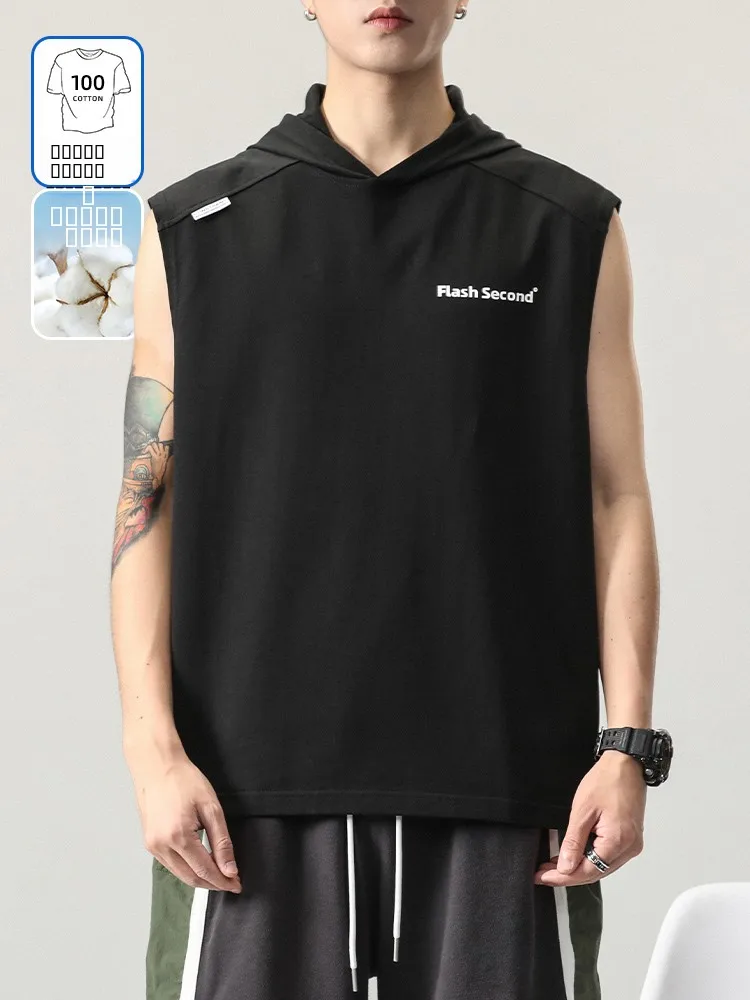 

Мужская летняя свободная спортивная футболка-худи из чистого хлопка с эффектом ледяного шелка, большие размеры, дышащая