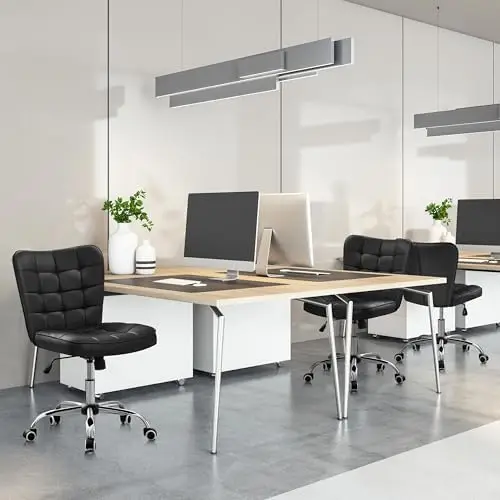 Black Tufted Armless Office Desk Chair with Wheels, Faux Leather | Thick foam cushioned seat tilts back to relax, lifts