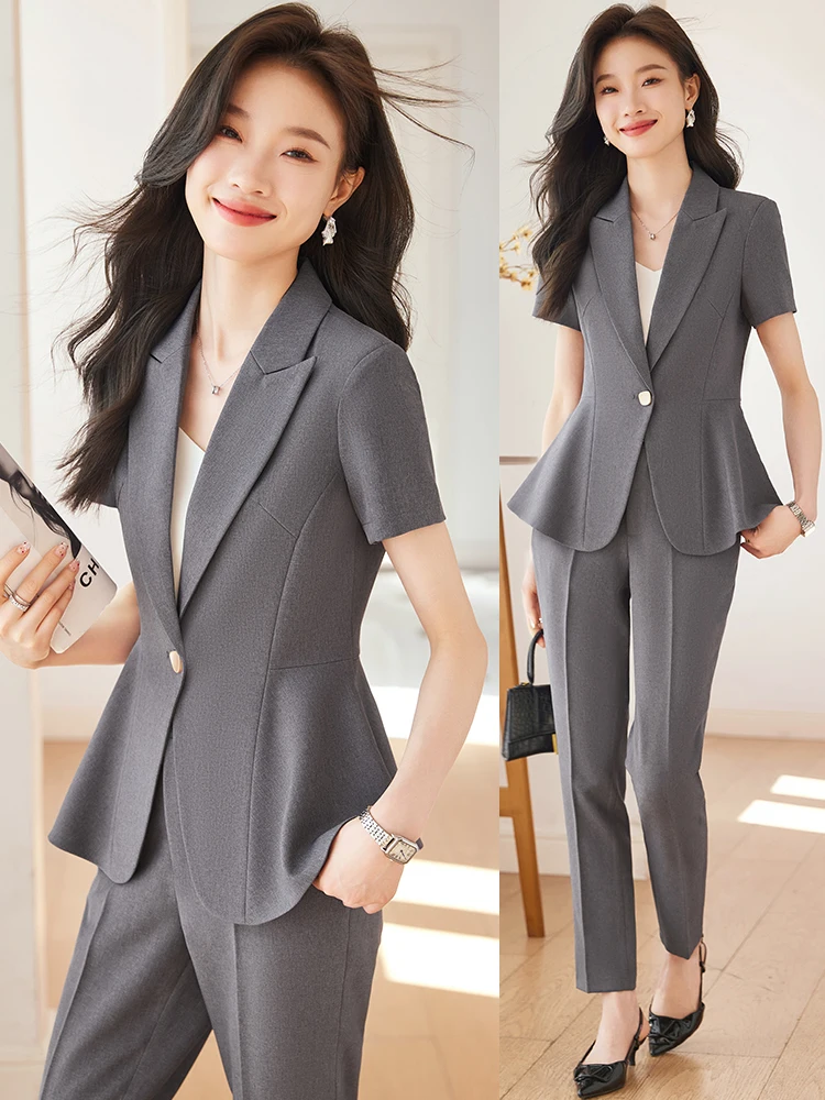 Gray Professional Short Sleeve Suit Set for Women Summer Thin High End Jewelry Store Beauty Salon Work Uniform Commute Style ...