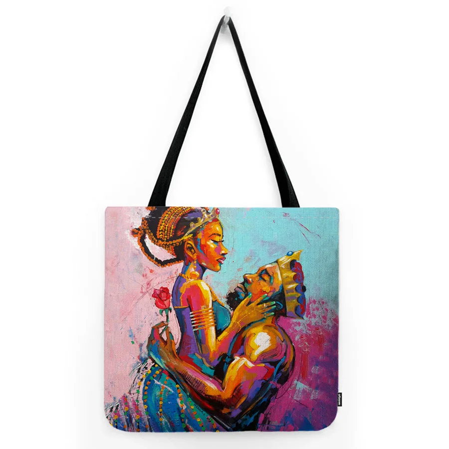 Modern Art African Exotic Style Africa King and Queen Sexy Black Man Woman Water Resistant Linen Canvas Bag Fashion Tote Bag