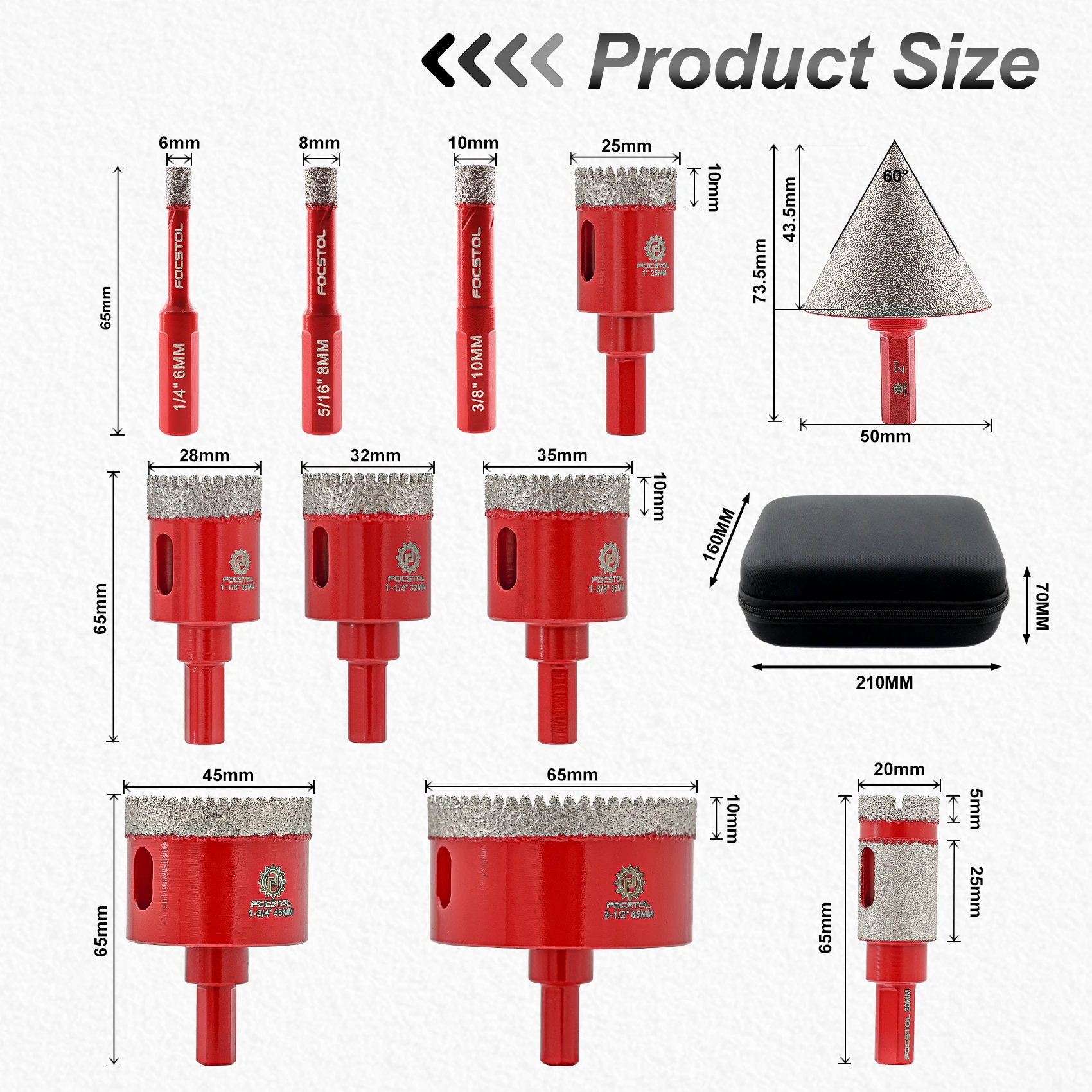 FOCSTOL 11pcs Diamond Tile Drill Bit Set Dia 6-65mm for Porcelain Tile Ceramic Granite Marble 50mm Chamfer Bit Drill Mill Bit