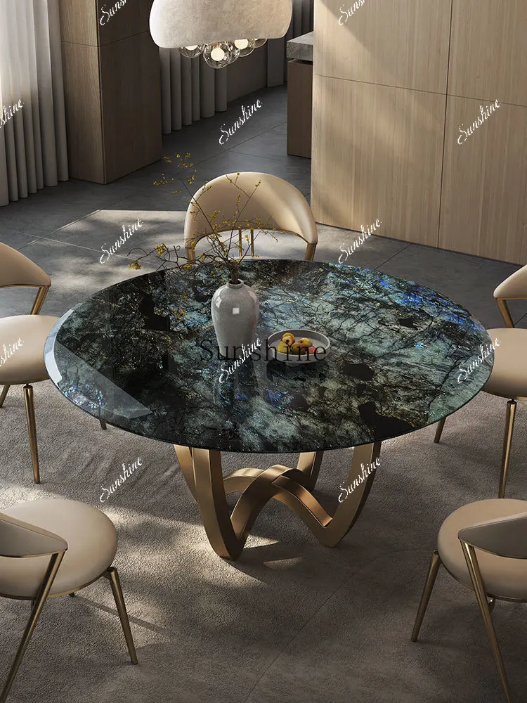 Light luxury high-end marble round natural sapphire modern dining table and chairs  FT