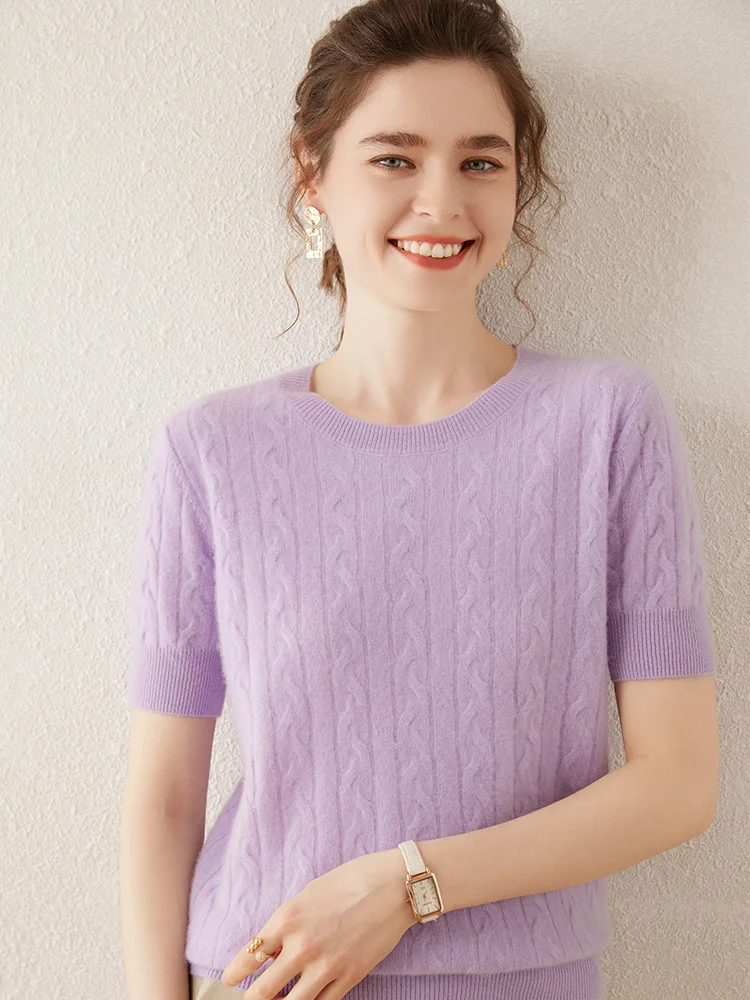 High Quality 100% Cashmere Sweater Women's O-Neck Short Sleeve Pullover Spring Autumn Cashmere Knitwear T-shirt Female Clothing
