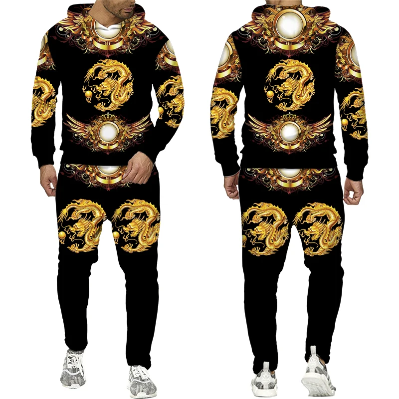 3D Print Hoodie e calças para homens e mulheres, conjunto Sportswear, agasalho, roupas de corrida, roupas, leopardo, padrão dourado, moda